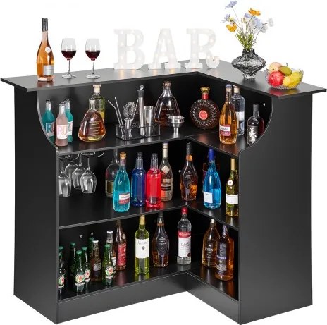VEVOR L-vormige thuisbar met opbergruimte, bartafel met 4 planken en wijnglazenhouder, draagvermogen 136 kg, hoekbar van bewerkt hout voor thuis, keuken, woonkamer, kelder, bartafel 130 x 100 x 112 cm zwart
