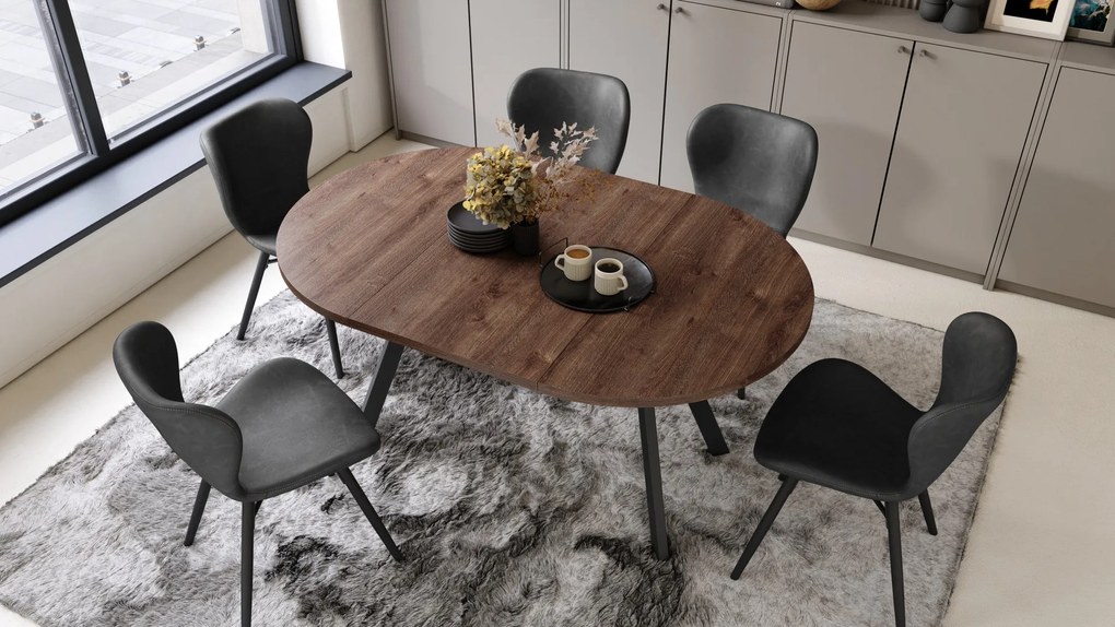 ALMO Eiken Bruin/Zwarte poten - RONDE LOFT/INDUSTRIËLE TAFEL VOOR WOONKAMER/EETKAMER, UITSCHUIFBAAR