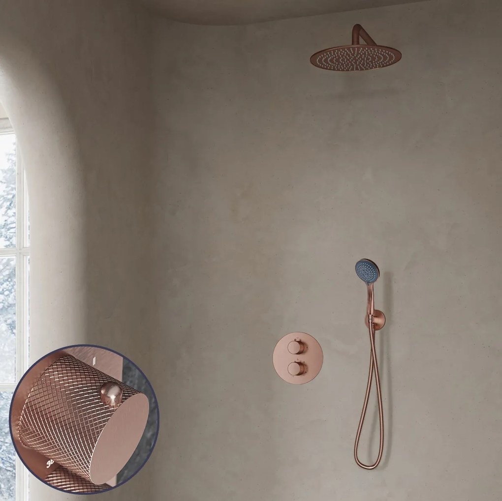 Saniclear Copper Curved inbouw regendouche rond met 20cm hoofddouche, muurarm en 3 standen handdouche geborsteld koper