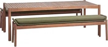 Rechthoekige Eettafelset 180x90 Cm Met 2 Eetbanken Van Acaciahout En Gevlochten Touw Karvia Acacia Bruin & Bouclé Saliegroen - Sklum