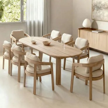 Ovale Eettafel Set 240x100 Cm Van Acaciahout En 8 Eetkamerstoelen Van Acaciahout Uleno Lichte Acaciekleur - Sklum