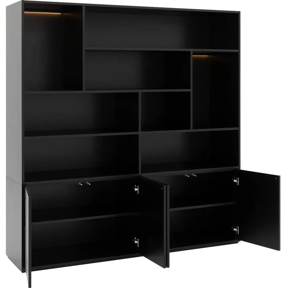 Goossens Basic Buffetkast Madrid, 4 dichte deuren 8 open vakken, zwart melamine, 184 x 191 x 45 cm, elegant chic