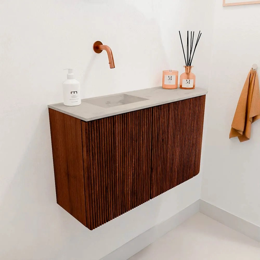 Mondiaz Joya DLux 70cm toiletmeubel ronding rechts ruby met wastafel faye links zonder kraangat opalo
