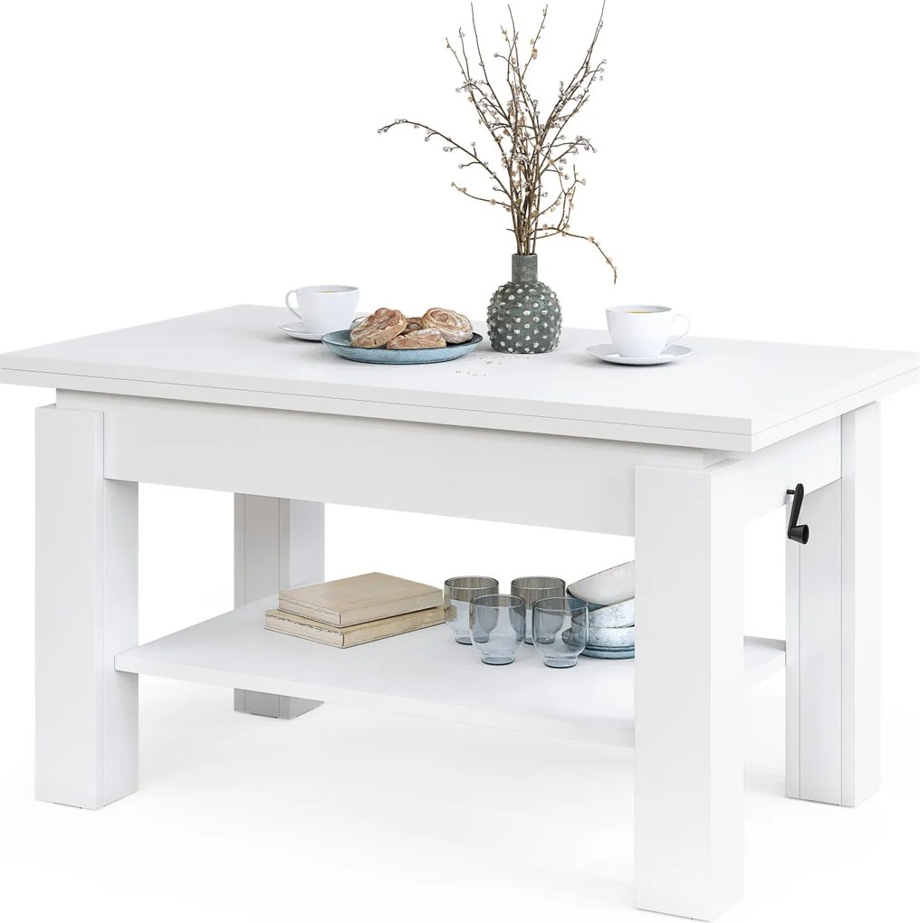 BRAVO wit – uitschuifbare en in hoogte verstelbare salontafel, tafel met plank