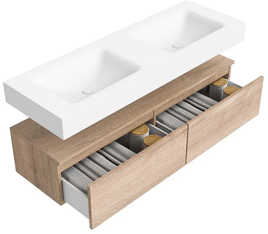 Zaro Alan badmeubel 140cm washed oak 2 lades met vrijhangende wastafel cloud dubbel 2 kraangaten talc