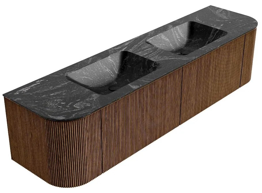 Mondiaz Kurve-dlux 180cm badmeubel ronding links/rechts walnut met 2 lades en deuren en wastafel leaf dubbel zonder kraangat lava