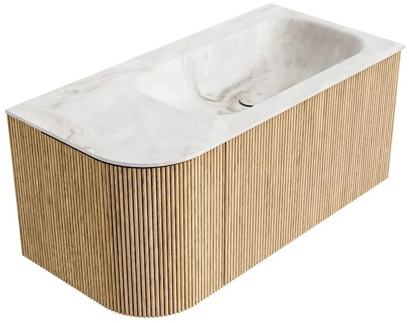 Mondiaz Kurve-dlux 95cm badmeubel ronding links oak met 1 lade en deur en wastafel big small kraangat rechts frappe