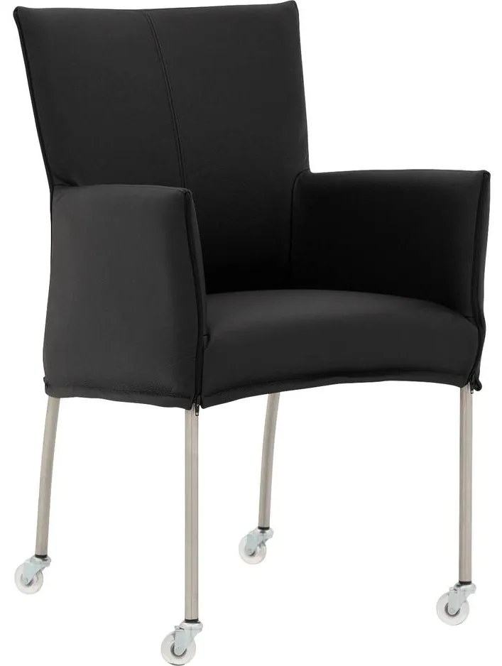 Goossens Eetkamerstoel Funk RVS Poten zwart leer met armleuning en Transparant skater wiel met rvs kapmet wielen, modern design