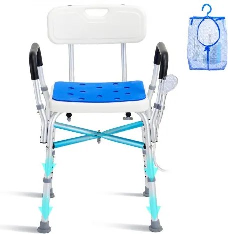 VEVOR Douchestoel Douchestoel Draagvermogen 181,4 kg, Douchekruk met dwarsbalk, Gevoerde armleuningen en rugleuning, In hoogte verstelbare badstoel voor oudere patiënten