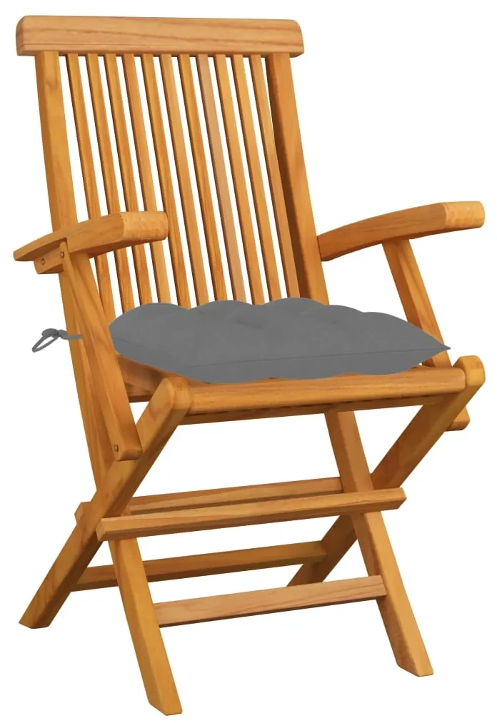 vidaXL Tuinstoelen 3 st met grijze kussens massief teakhout