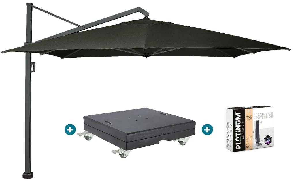 Platinum Icon T1 Zweefparasol - 4x3m. - Faded Black met voet en hoes