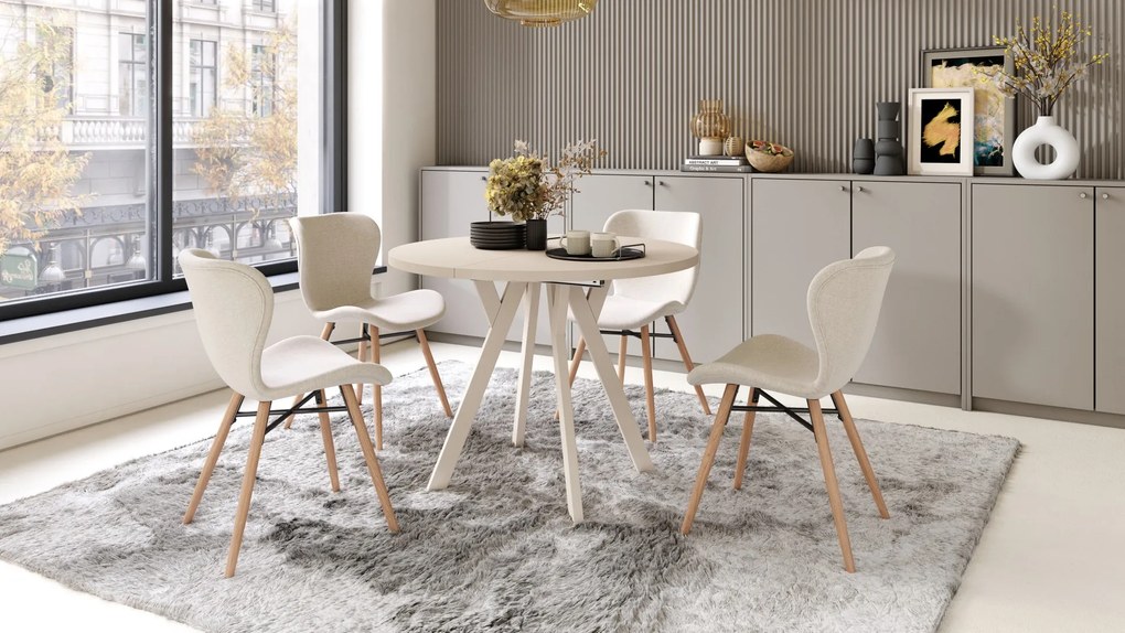 ALDO 100 Beige/Beige poten - RONDE LOFT/INDUSTRIËLE TAFEL VOOR WOONKAMER/EETKAMER, UITSCHUIFBAAR