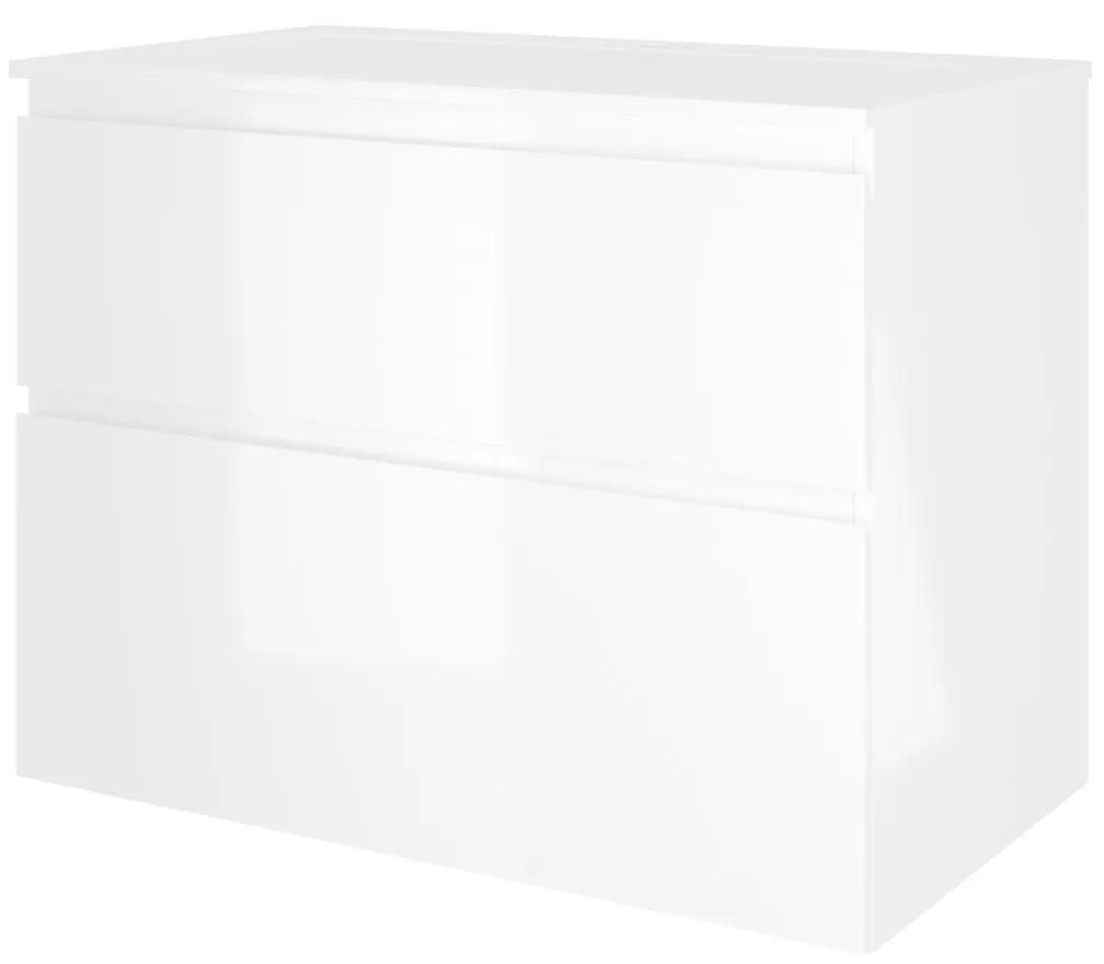 Elegant badmeubel met polystone wastafel met 1 kraangat en onderkast a-symmetrisch - Glans wit/Glans wit - 80x46cm (bxd)