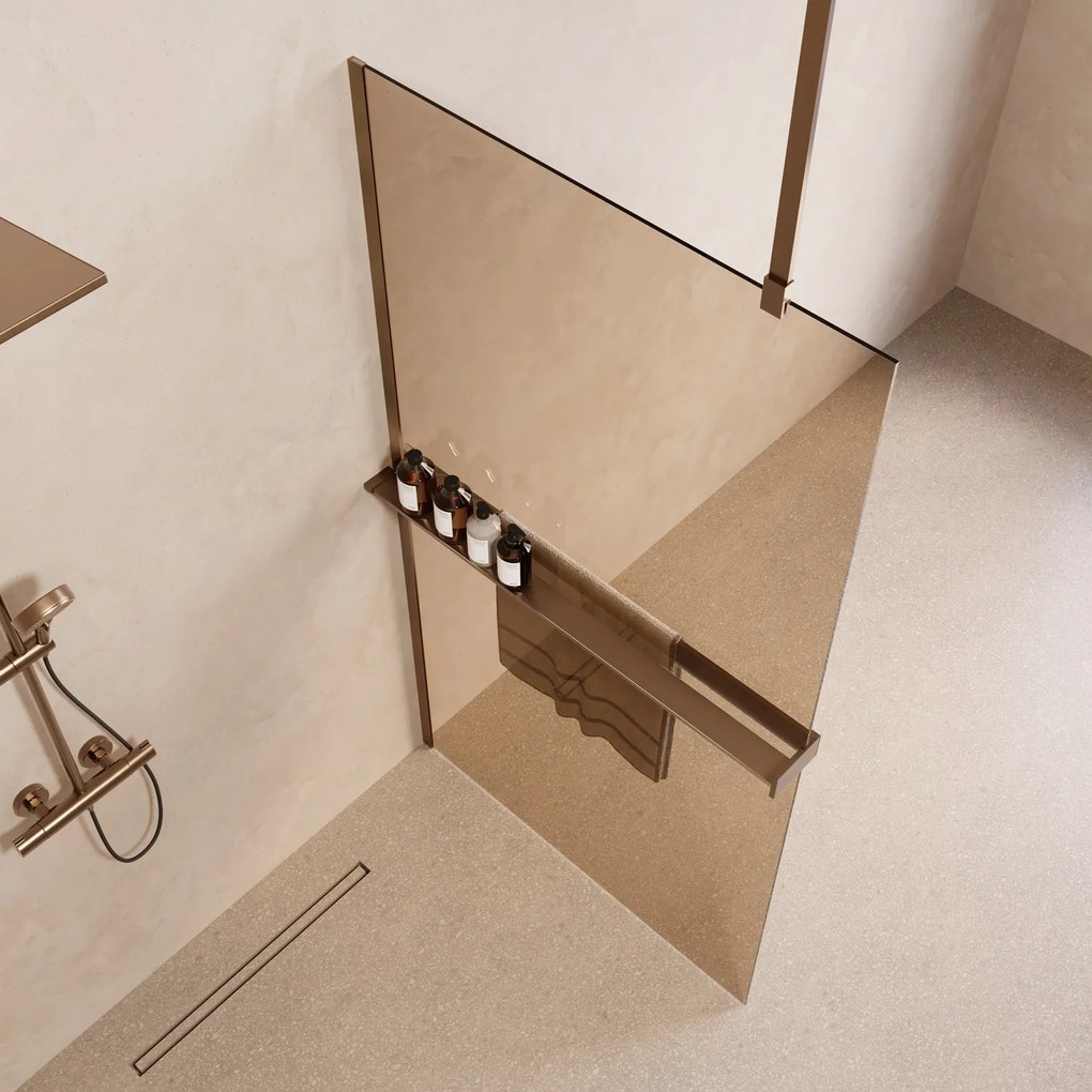 Saniclear Bright inloopdouche 90cm met handdoekhouder en bronsglas verouderd messing