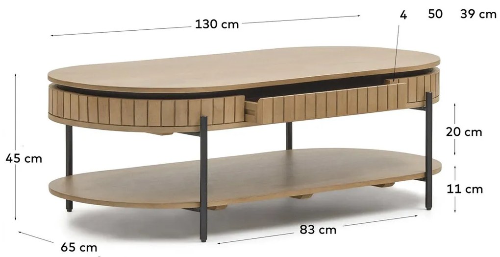 Kave Home Licia Salontafel Met Lade Massief Acacia Hout - 65 X 130cm.