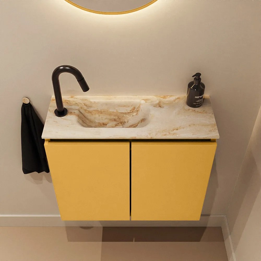 Mondiaz Ture DLux toiletmeubel 60cm ocher met wastafel frappe links met kraangat