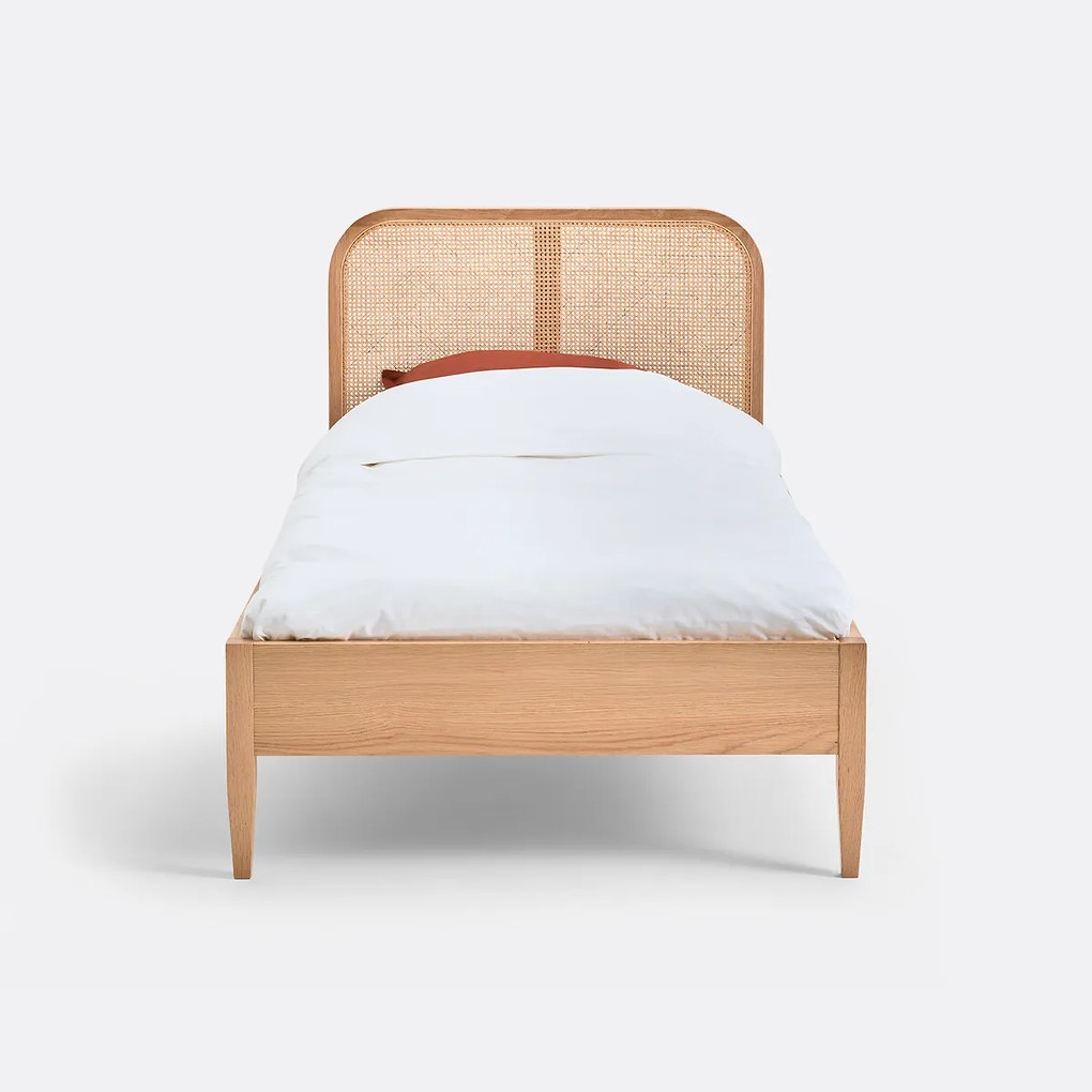 Eenpersoonsbed, vlechtwerk, eiken en fineer, met lattenbodem, MADARA