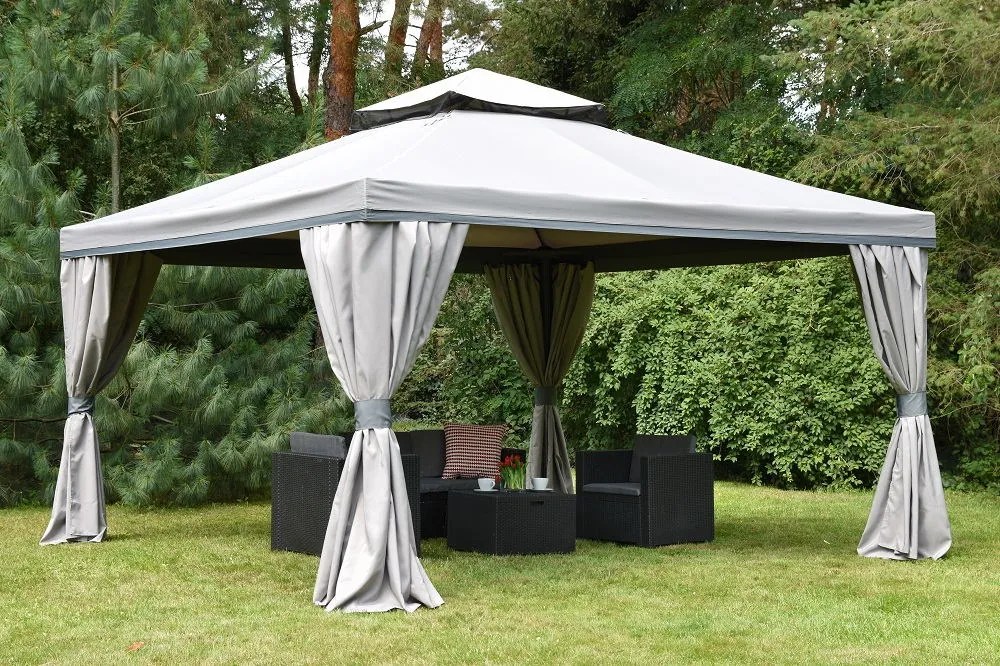 Grijs tuinpaviljoen met gordijnen Valencia 4x4m Garden Point