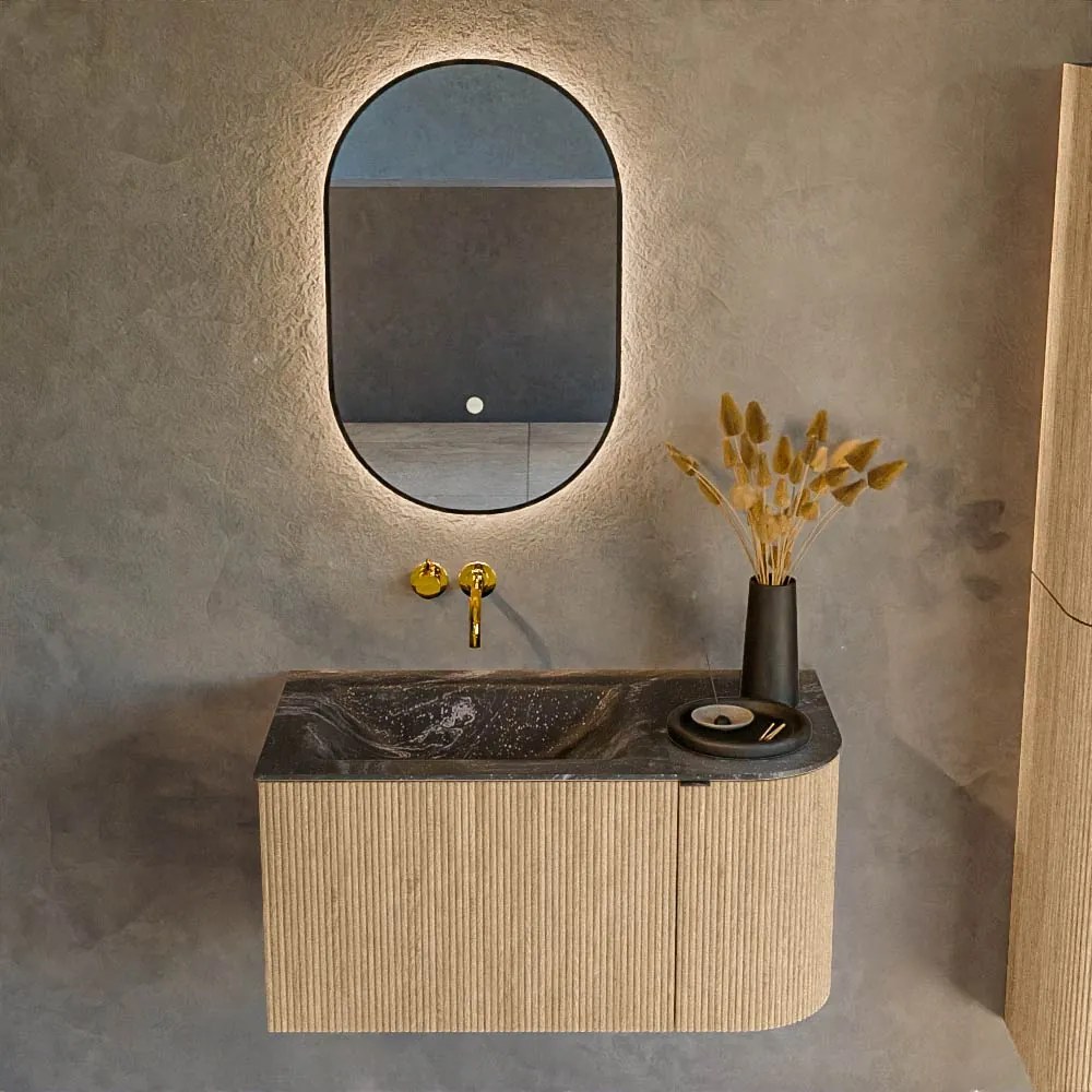 Mondiaz Kurve-dlux 85cm badmeubel ronding rechts oak met 1 lade en deur en wastafel cloud links zonder kraangat lava