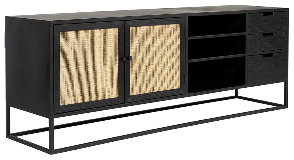 Japandi Tv-meubel Zwart Met Rotan - 150x38x55cm.