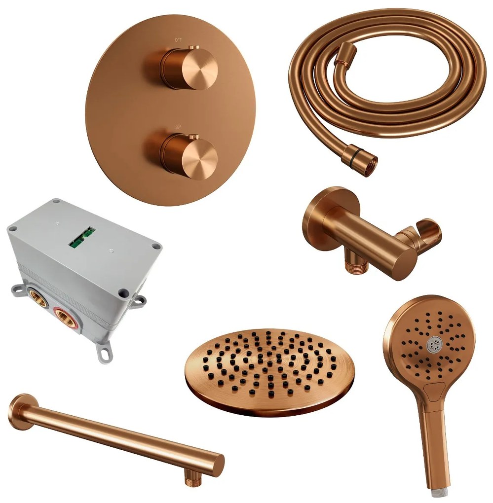 Brauer Copper Edition thermostatische inbouw regendouche met 3 standen handdouche, rechte muurarm en hoofddouche 20cm set 79 koper geborsteld PVD