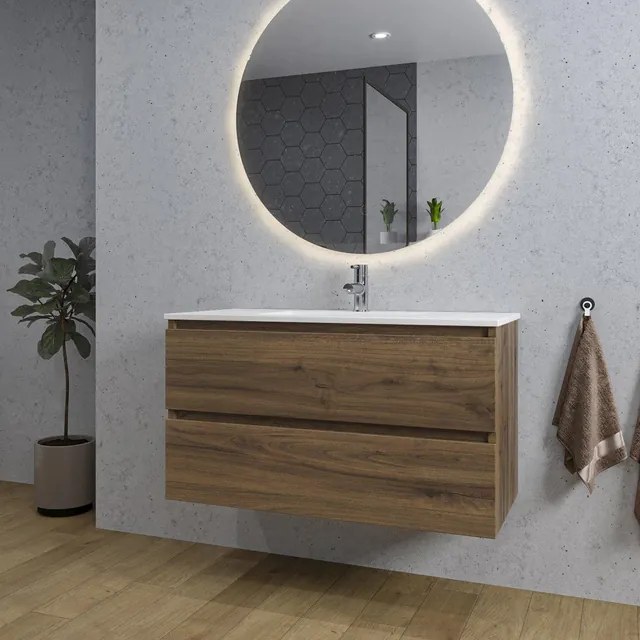 Adema Chaci Badkamermeubelset - 100x46x57cm - 1 keramische wasbak wit - 1 kraangat - 2 lades - ronde spiegel met verlichting - noten (hout) SW1212772/SW804532/SW161922