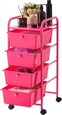 VEVOR rolwagen met 4 laden, 330x390x815 mm, rozerood, metalen frame, plank, handgrepen, zwenkwielen met 2 remmen, mobiele opbergwagen voor kantoor, werkplaats, klaslokaal