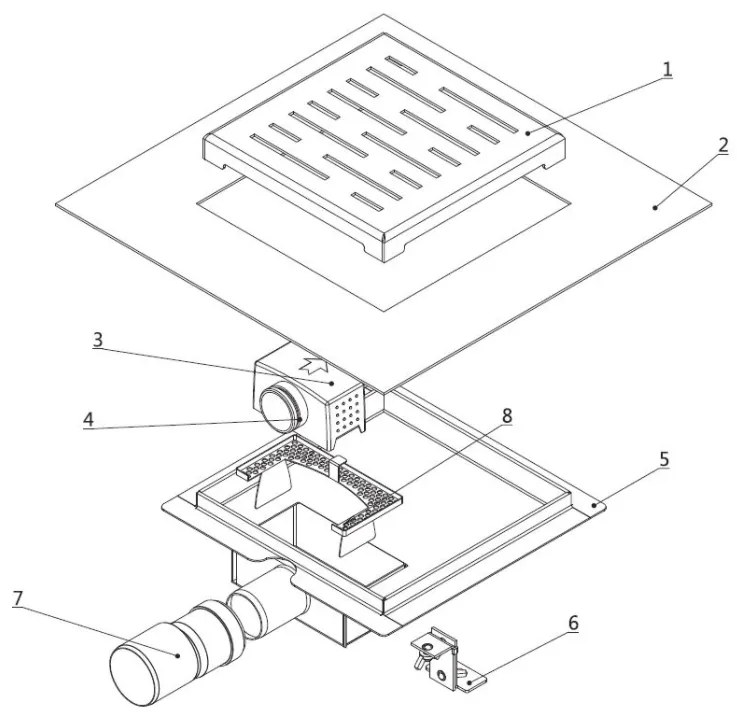 Mueller doucheput met flens en zijuitlaat 20x20cm RVS