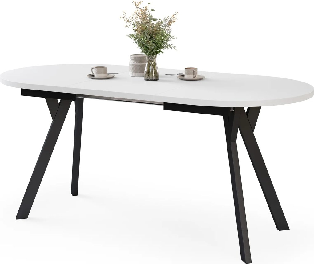 Mazzoni ALMO Wit mat / zwarte poten - OVALE UITSCHUIFTAFEL 120-220 cm VOOR 10-12 PERSONEN