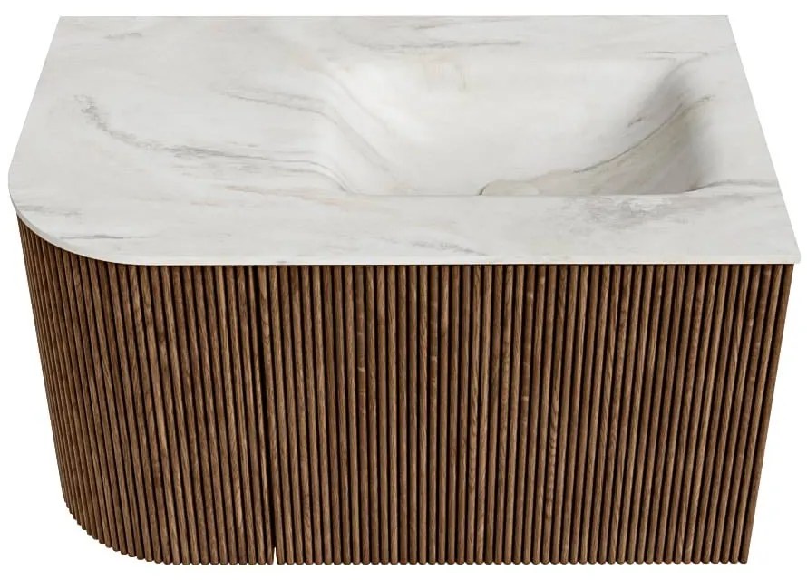 Mondiaz Kurve-dlux 75cm badmeubel ronding links walnut met 1 lade en deur en wastafel grunne kraangat rechts ostra