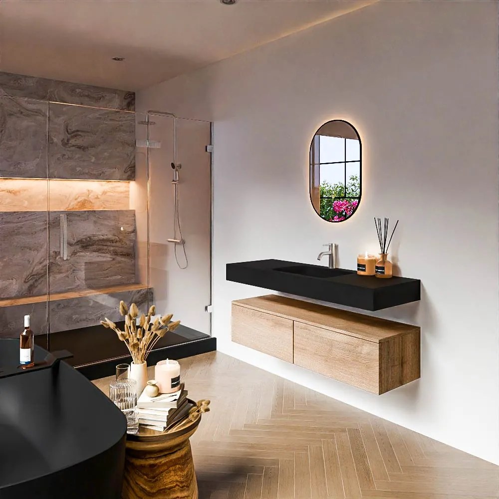 Zaro Alan badmeubel 130cm washed oak 2 lades met vrijhangende wastafel cloud midden 1 kraangat urban
