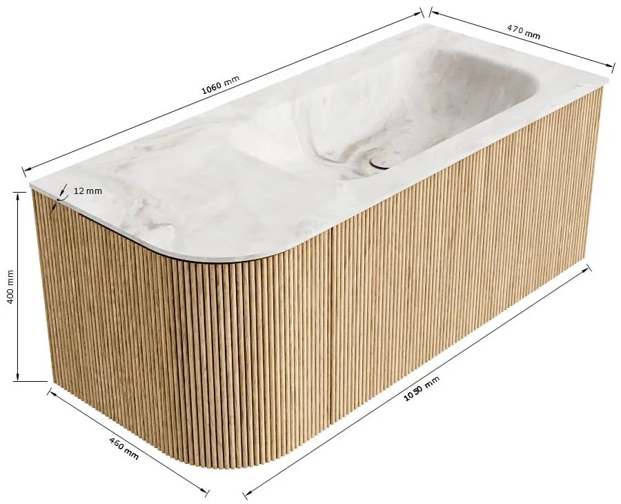 Mondiaz Kurve-dlux 105cm badmeubel ronding links oak met 1 lade en deur en wastafel big small kraangat rechts lava