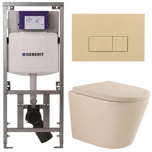 QeramiQ Dely Toiletset - 36.3x51.7cm - diepspoel - rimless - Geberit UP320 inbouwreservoir - softclose toilet zitting 35 mm - bedieningsplaat beige - rechthoekige knoppen - mat beige SW1000764/SW1000771/0701131/SW1102366