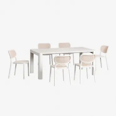 Rechthoekige 180x100 Cm Arnadine Tafelset En 6 Stapelbare Omara Tuinstoelen Van Polypropyleen Gardenia Wit - Sklum
