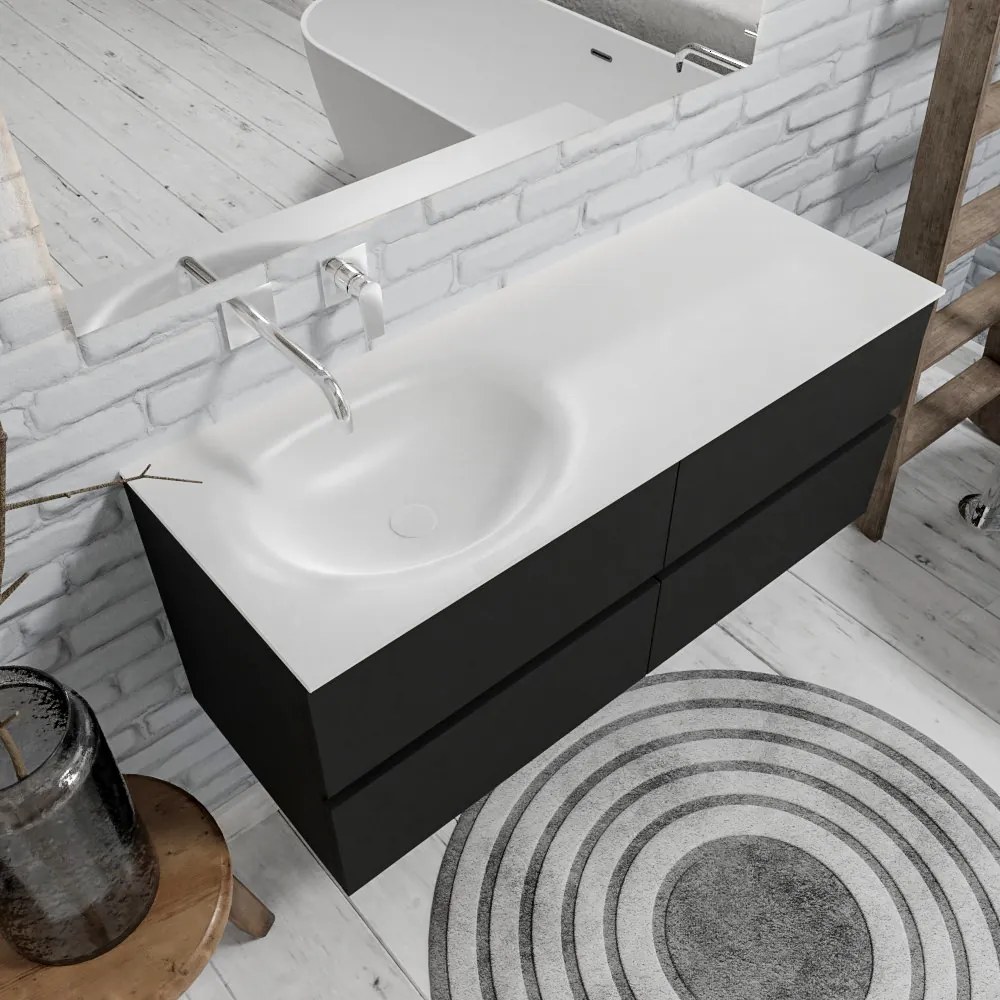 Zaro Sevilla Solid Surface badmeubel 120cm mat zwart geen kraangat met 4 lades spoelbak links