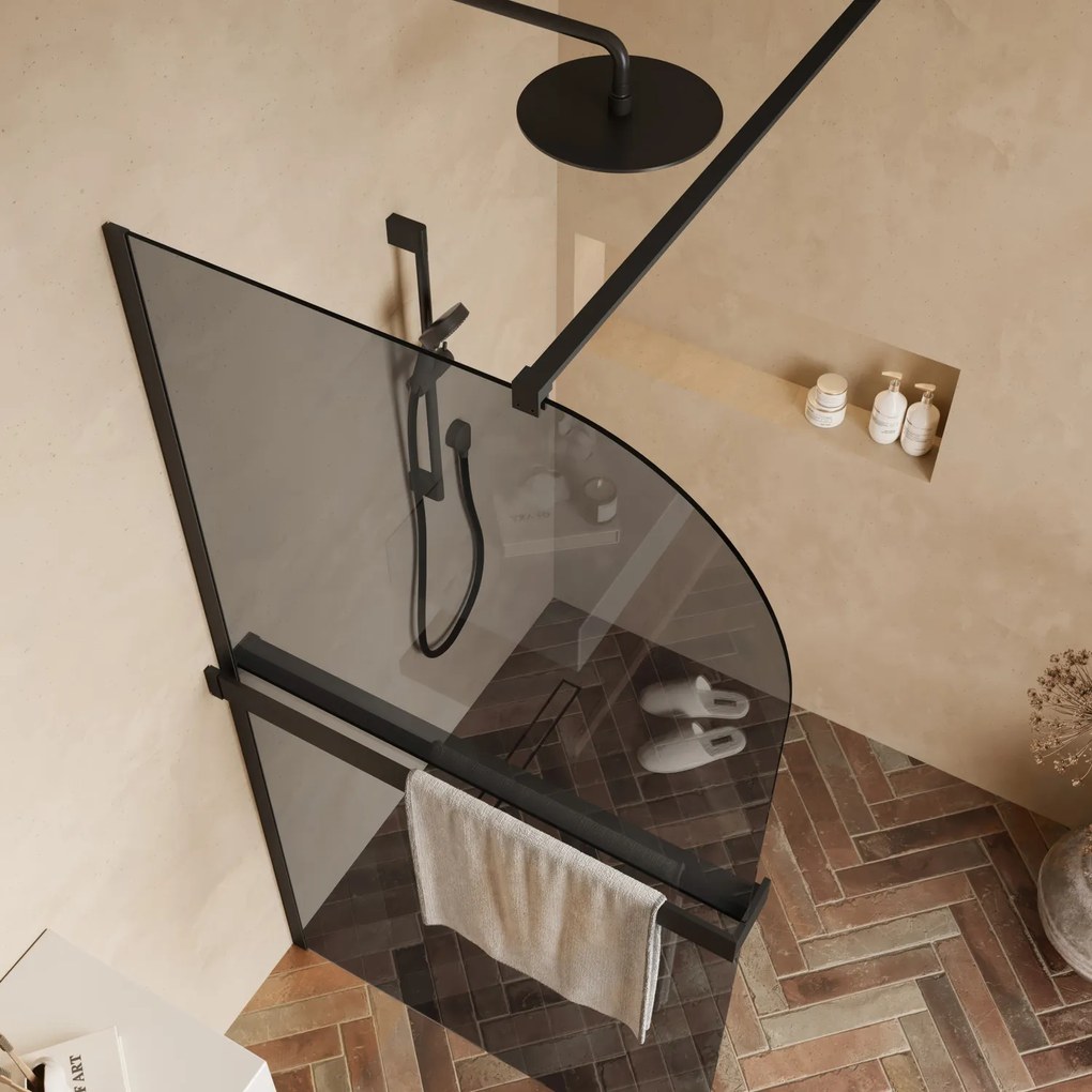 Saniclear Moon afgeronde inloopdouche 80cm mat zwart met rookglas en handdoekhouder