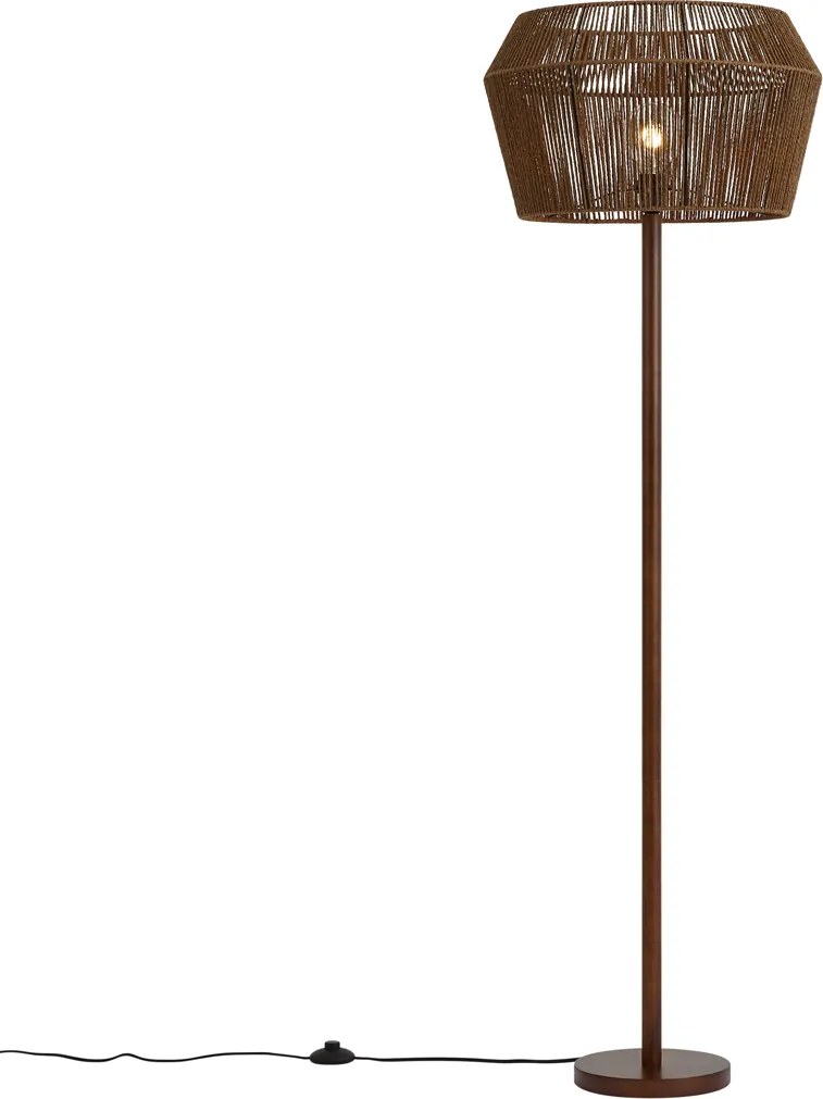 Vloerlamp walnoot hout met bruine papieren touw kap 50/50/30 - Mels