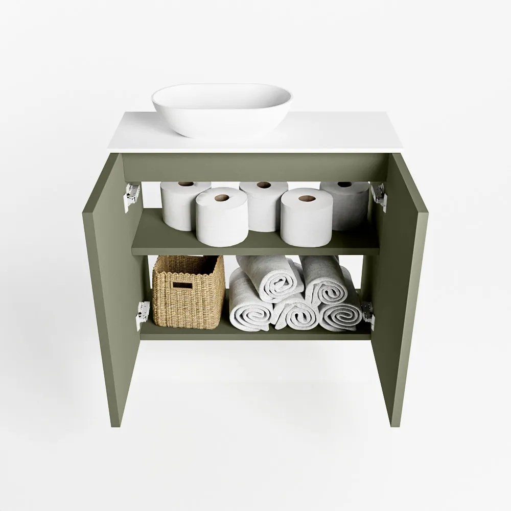 Mondiaz Fowy toiletmeubel 60cm army met witte waskom links zonder kraangat