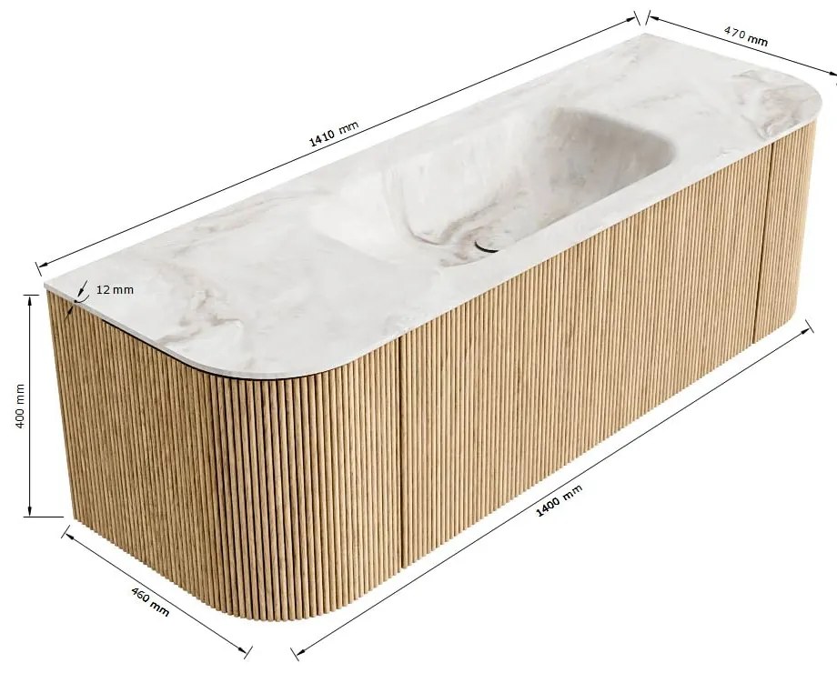 Mondiaz Kurve-dlux 140cm badmeubel ronding links/rechts walnut met 1 lade en 2 deuren en wastafel big small midden 1 kraangat glace