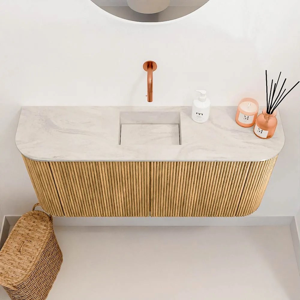 Mondiaz Joya DLux 95cm toiletmeubel ronding links/rechts oak met wastafel faye midden zonder kraangat ostra
