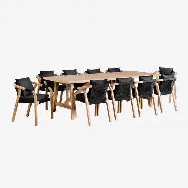 Rechthoekige Eettafelset 260x100 Cm Met 10 Acaciahouten Eetkamerstoelen Dubai Rustiek Acaciabruin & Stof Grijs – Grafiet - Sklum