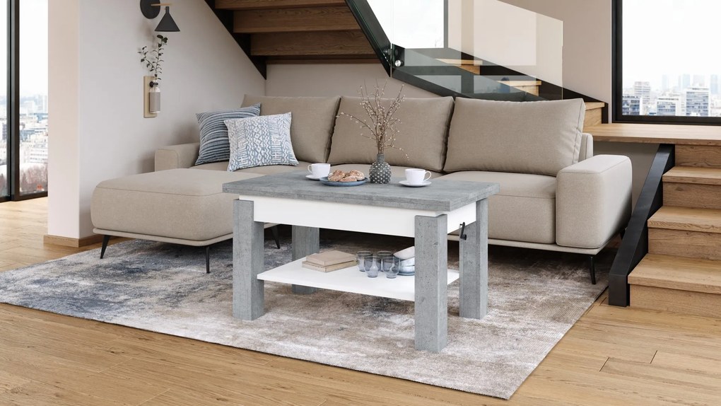 BRAVO beton / wit – uitschuifbare en in hoogte verstelbare salontafel, tafel met plank