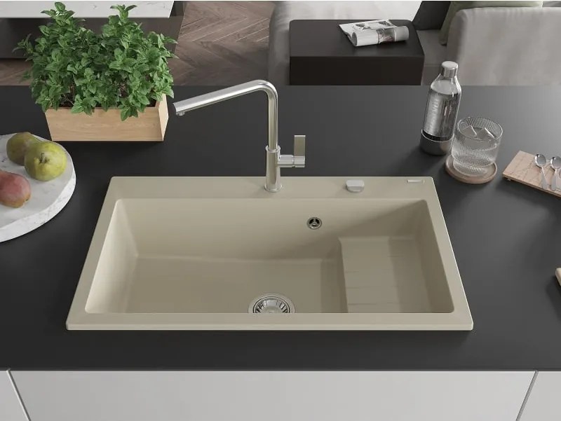 Mexen Omar granit wastafel 1-komorige 800 x 480 mm, beige, chroom sifon - 6520801005-69