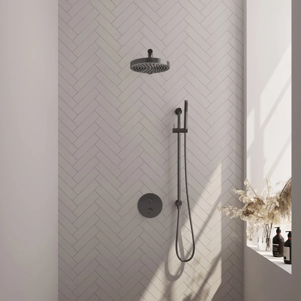 Brauer Stripe inbouw regendouche rond met 25cm hoofddouche, rond met rechte muurarm, glijstang en staafhanddouche set 43 gunmetal geborsteld PVD