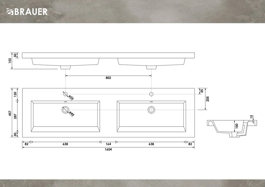 Brauer Solar Medium dubbele wastafel mineraalmarmer 160cm met 2 kraangaten wit mat