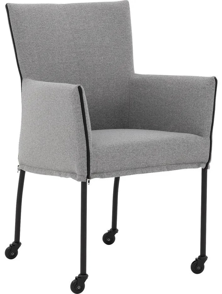 Goossens Eetkamerstoel Funk Zwarte Poten grijs stof met armleuning en Zwart skater wiel met zwarte kapmet wielen, modern design