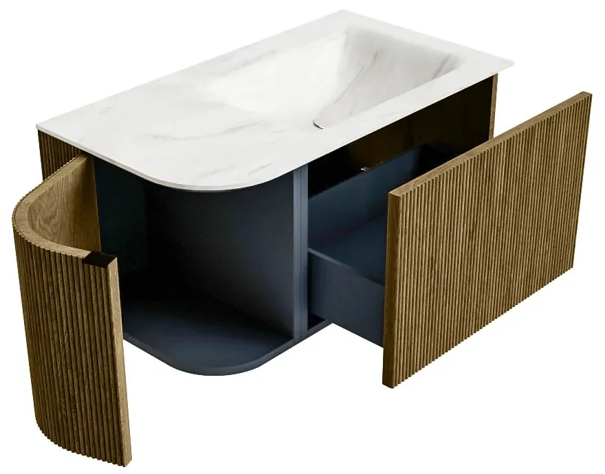 Mondiaz Kurve-dlux 85cm badmeubel ronding links dusk met 1 lade en deur en wastafel cloud kraangat rechts ostra