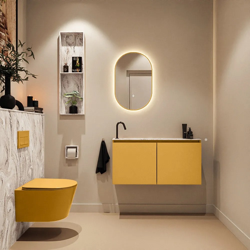 Mondiaz Ture DLux toiletmeubel 100cm ocher met wastafel glace links met kraangat