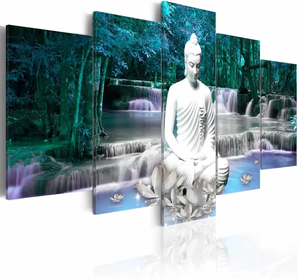 Schilderij - Azure Prayer , boeddha , blauw wit , waterval , 5 luik