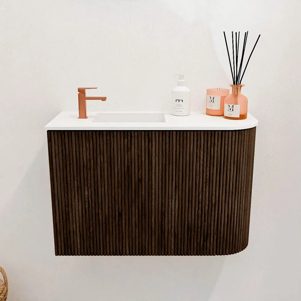 Mondiaz Joya 60cm toiletmeubel ronding rechts walnut met wastafel faye links 1 kraangat talc